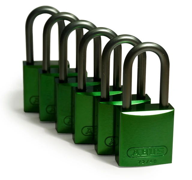 LOTO alu lås grønn 6,35mm bøyle KD 6pk Brady, 38,1mm høyde, ulik nøkkel pr lås 