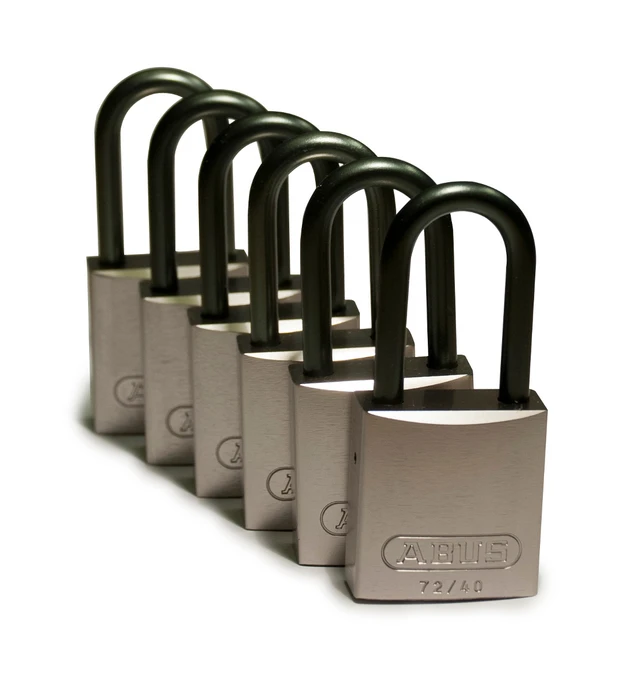 LOTO alu lås grå 6,35mm bøyle KD 6pk Brady, 38,1mm høyde, ulik nøkkel pr lås 