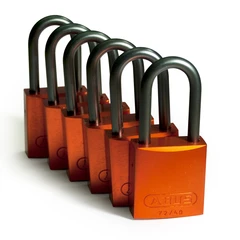 LOTO alu lås orange 6,35mm bøyle KD 6pk Brady, 38,1mm høyde, ulik nøkkel pr lås