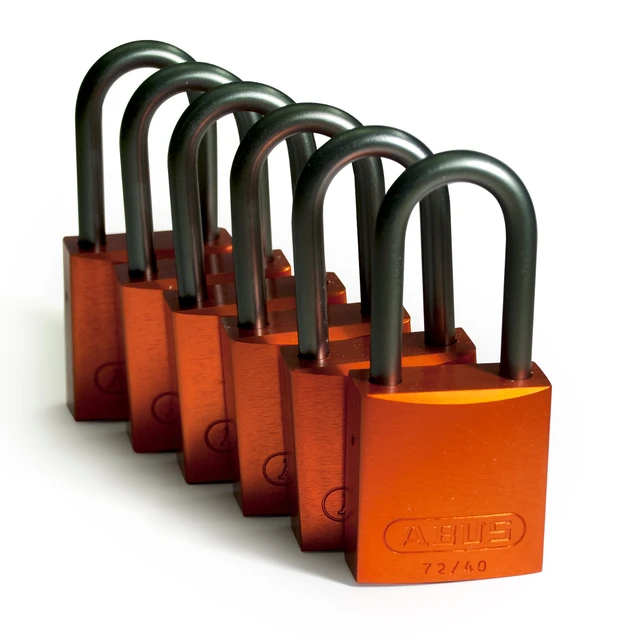 LOTO alu lås orange 6,35mm bøyle KD 6pk Brady, 38,1mm høyde, ulik nøkkel pr lås 