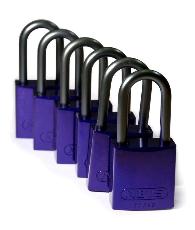 LOTO alu lås lilla 6,35mm bøyle KD 6pk Brady, 38,1mm høyde, ulik nøkkel pr lås 