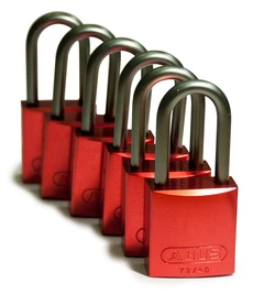 LOTO alu lås rød 6,35mm bøyle KD 6pk Brady, 38,1mm høyde, ulik nøkkel pr lås