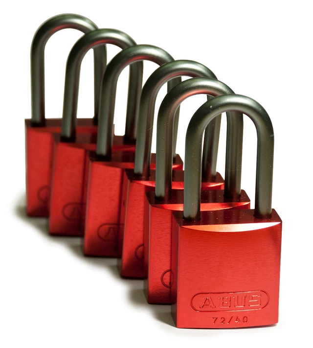 LOTO alu lås rød 6,35mm bøyle KD 6pk Brady, 38,1mm høyde, ulik nøkkel pr lås 