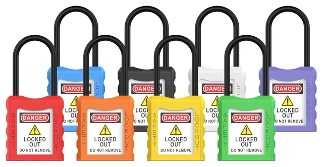 LOTO lås elektro tynn 4mm nylonbøyle KD Økonomi, ulik nøkkel pr lås, 38mm bøyleh 
