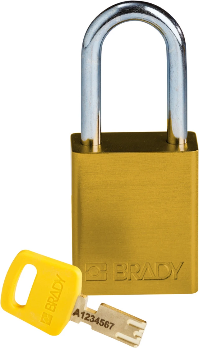 LOTO alu lås gul Safekey 38mm KD Brady 6,35mm stålbøyle, 38mm bøylehøyde 