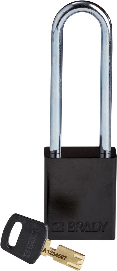 LOTO alu lås sort Safekey 76mm KD Brady 6,35mm stålbøyle, 76mm bøylehøyde 