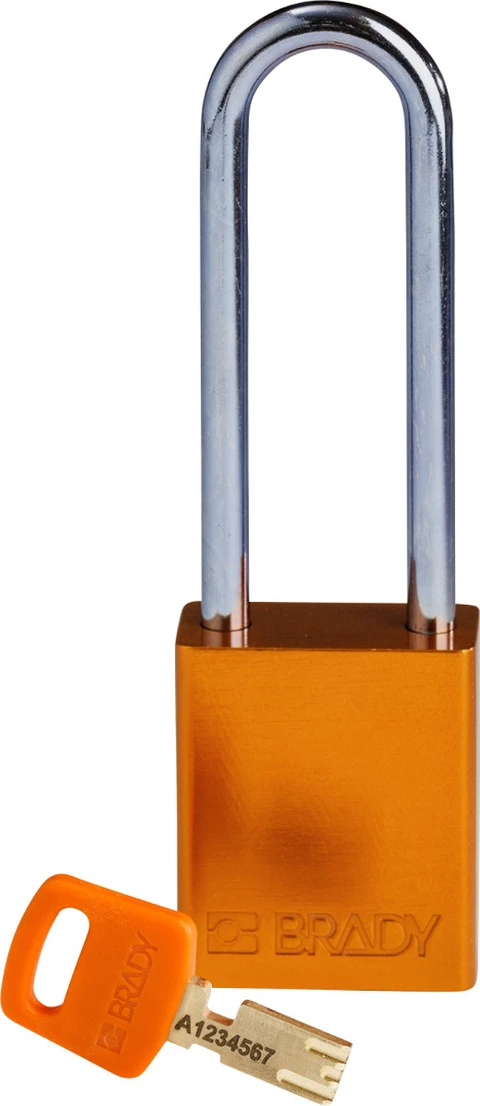 LOTO alu lås orange Safekey 76mm KD Brady 6,35mm stålbøyle, 76mm bøylehøyde 