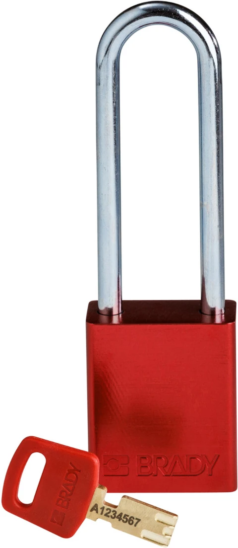 LOTO alu lås rød Safekey 76mm KD Brady 6,35mm stålbøyle, 76mm bøylehøyde 