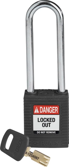 LOTO nylon lås sort Safekey 76mm stålb. Brady 6,35mm stålbøyle, 76mm bøylehøyde